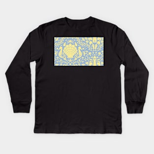 blue summer beach damask pattern with yellow seashells Kids Long Sleeve T-Shirt